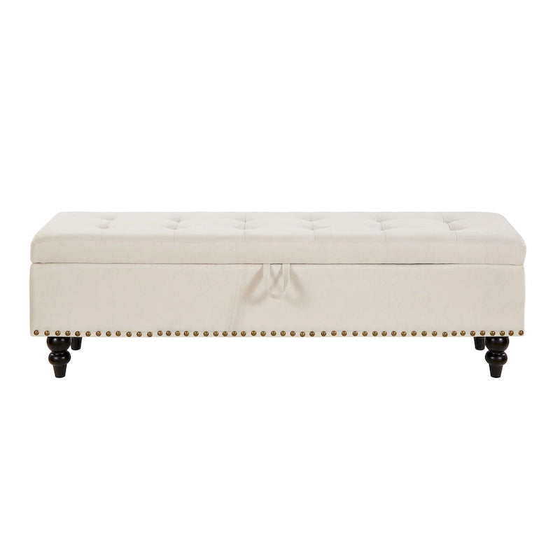 Banc de rangement recouvert de tissu souple, pieds en bois massif et clous en bronze