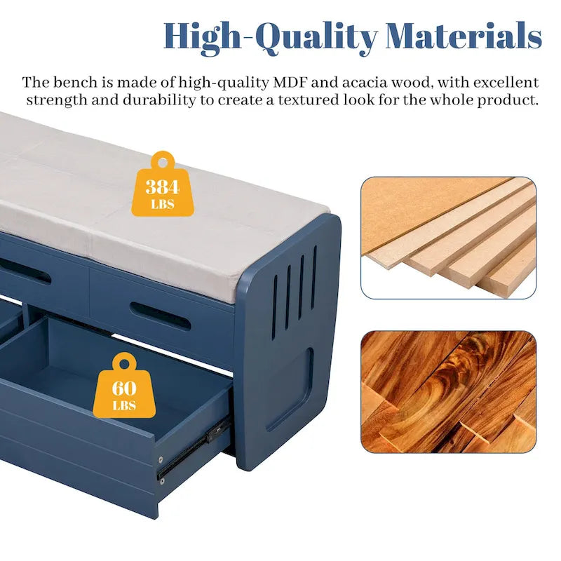 Banc de rangement rustique avec 2 tiroirs, un espace de rangement dissimulé et 3 faux tiroirs sur le dessus