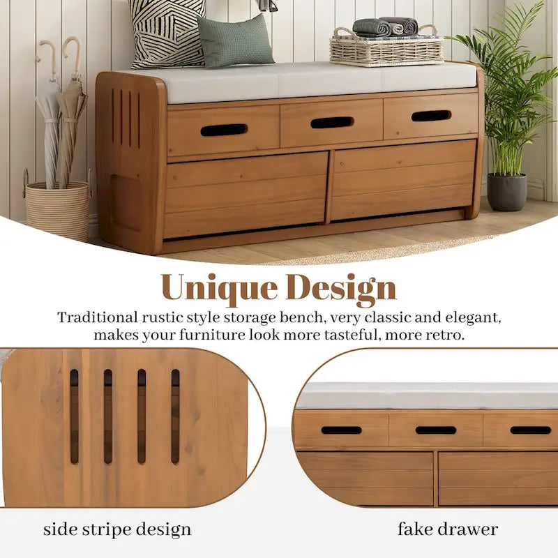 Banc de rangement rustique avec 2 tiroirs, un espace de rangement dissimulé et 3 faux tiroirs sur le dessus