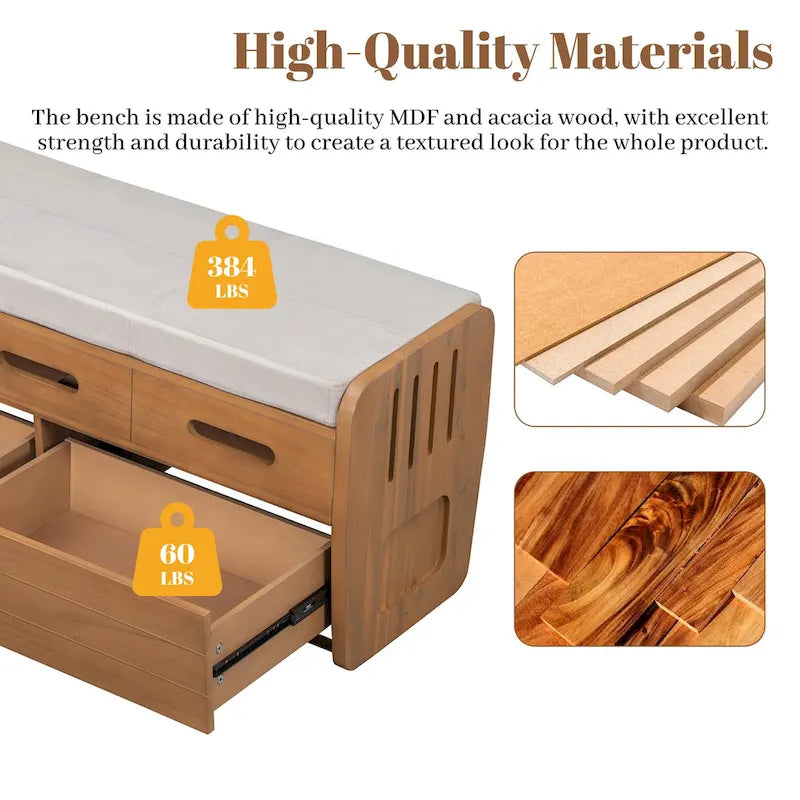 Banc de rangement rustique avec 2 tiroirs, un espace de rangement dissimulé et 3 faux tiroirs sur le dessus