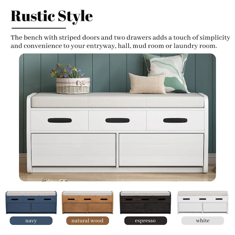 Banc de rangement rustique avec 2 tiroirs, un espace de rangement dissimulé et 3 faux tiroirs sur le dessus