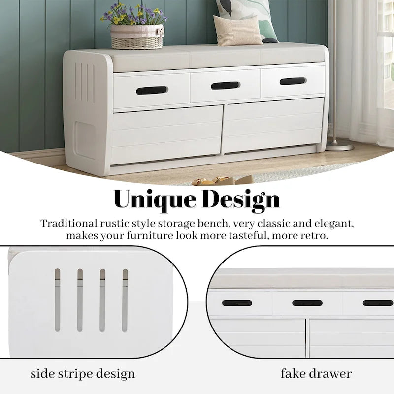 Banc de rangement rustique avec 2 tiroirs, un espace de rangement dissimulé et 3 faux tiroirs sur le dessus