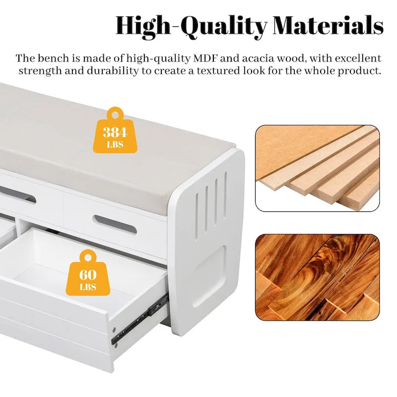 Banc de rangement rustique avec 2 tiroirs, un espace de rangement dissimulé et 3 faux tiroirs sur le dessus