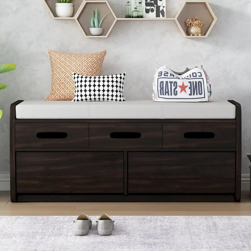 Banc de rangement rustique avec 2 tiroirs, un espace de rangement dissimulé et 3 faux tiroirs sur le dessus