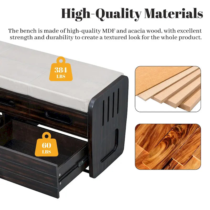 Banc de rangement rustique avec 2 tiroirs, un espace de rangement dissimulé et 3 faux tiroirs sur le dessus
