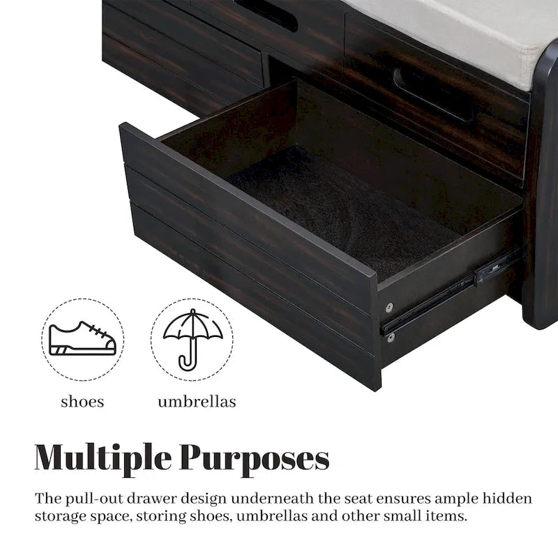 Banc de rangement rustique avec 2 tiroirs, un espace de rangement dissimulé et 3 faux tiroirs sur le dessus