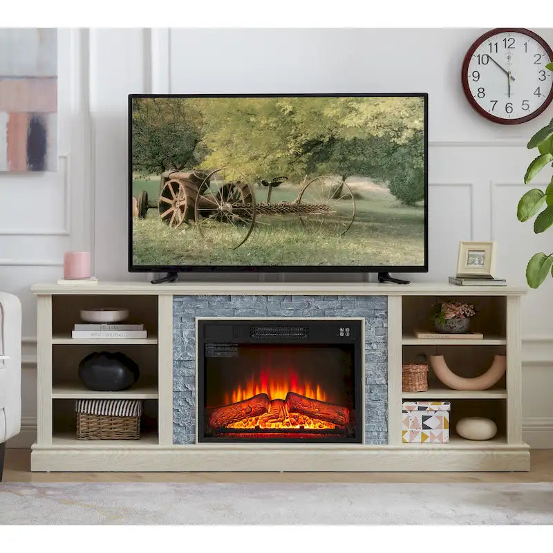Meuble TV moderne avec insert cheminée 23 pouces, grand bureau TV avec rangement en imitation pierre.