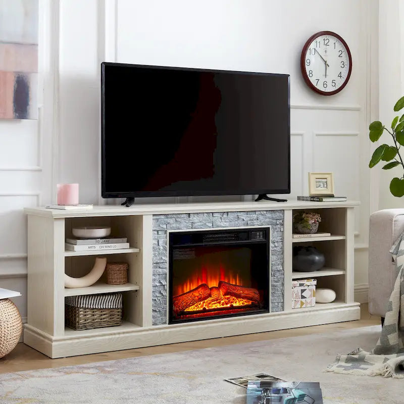Meuble TV moderne avec insert cheminée 23 pouces, grand bureau TV avec rangement en imitation pierre.