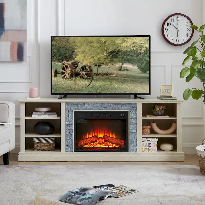 Meuble TV moderne avec insert cheminée 23 pouces, grand bureau TV avec rangement en imitation pierre.