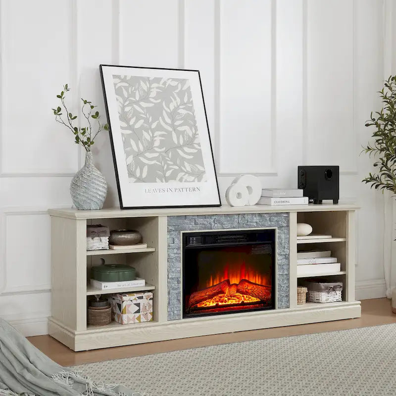 Meuble TV moderne avec insert cheminée 23 pouces, grand bureau TV avec rangement en imitation pierre.