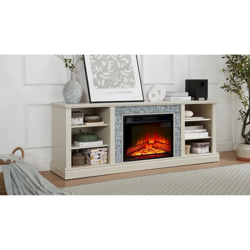 Meuble TV moderne avec insert cheminée 23 pouces, grand bureau TV avec rangement en imitation pierre.
