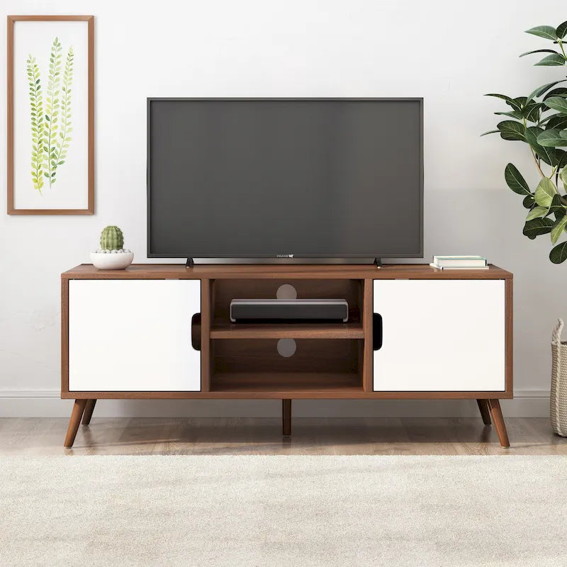 Meuble TV blanc et noyer de 120 cm (47,25 po) avec pieds évasés et 3 tiroirs décalés pour téléviseurs de 102 cm (40 po)