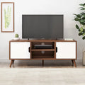 Meuble TV blanc et noyer de 120 cm (47,25 po) avec pieds évasés et 3 tiroirs décalés pour téléviseurs de 102 cm (40 po)