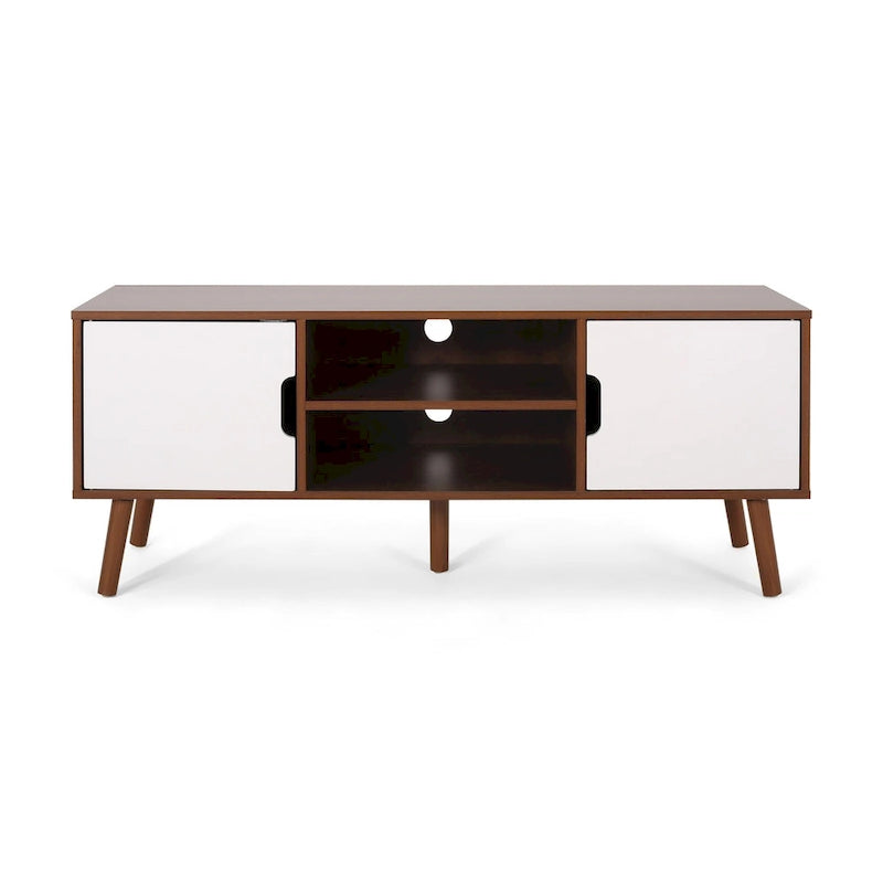 Meuble TV blanc et noyer de 120 cm (47,25 po) avec pieds évasés et 3 tiroirs décalés pour téléviseurs de 102 cm (40 po)