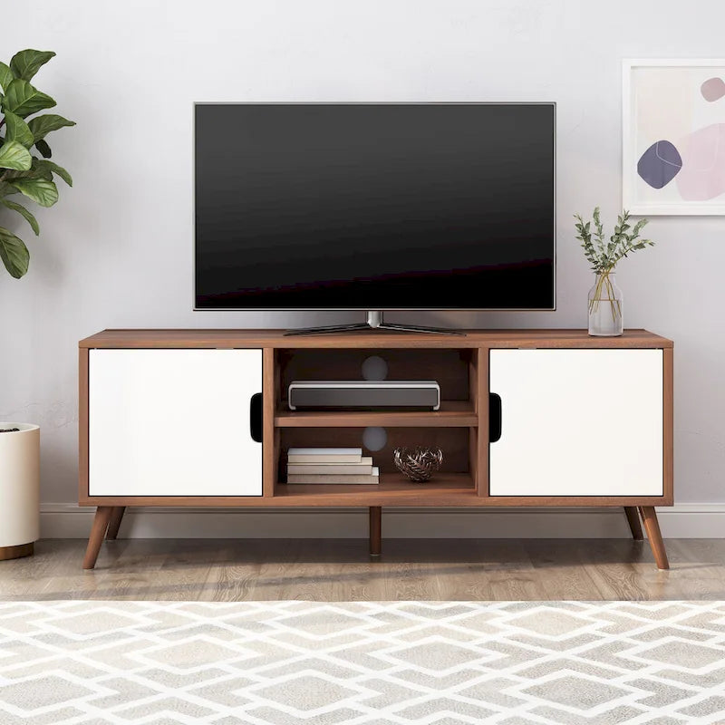 Meuble TV blanc et noyer de 120 cm (47,25 po) avec pieds évasés et 3 tiroirs décalés pour téléviseurs de 102 cm (40 po)