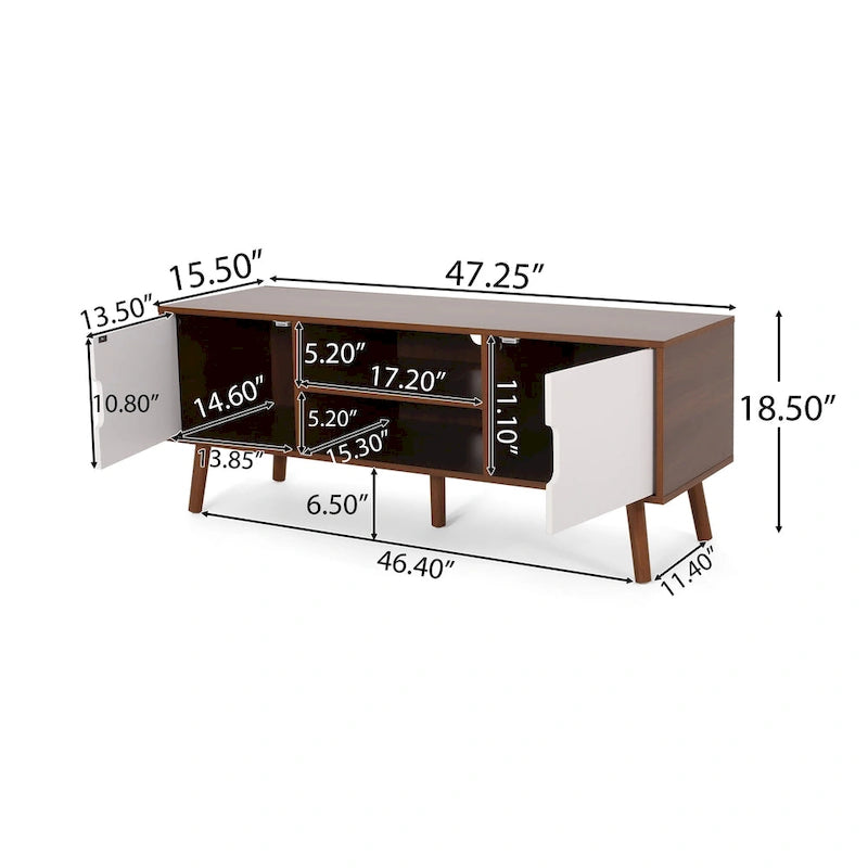 Meuble TV blanc et noyer de 120 cm (47,25 po) avec pieds évasés et 3 tiroirs décalés pour téléviseurs de 102 cm (40 po)