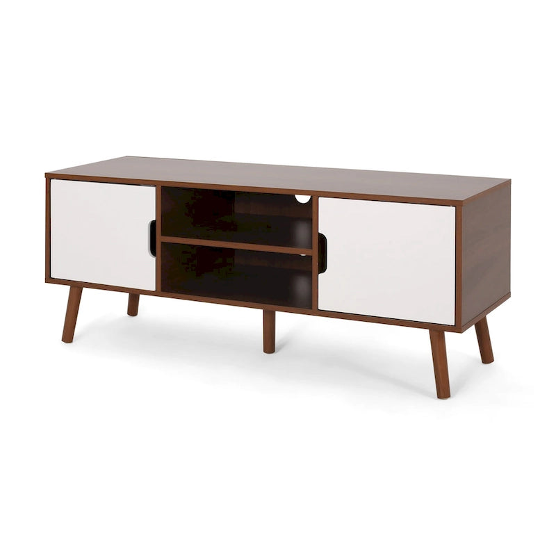 Meuble TV blanc et noyer de 120 cm (47,25 po) avec pieds évasés et 3 tiroirs décalés pour téléviseurs de 102 cm (40 po)