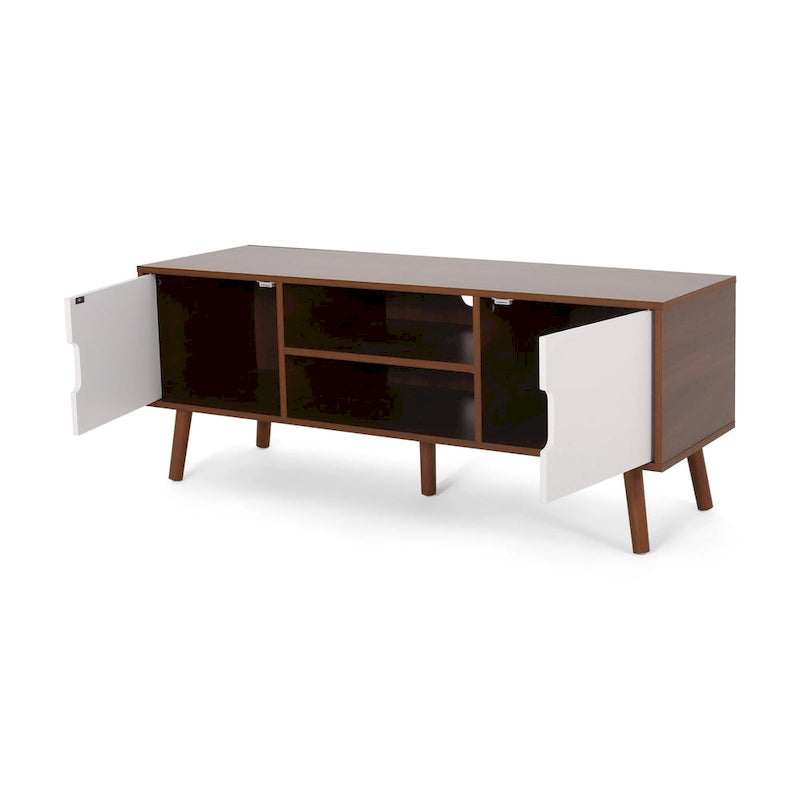 Meuble TV blanc et noyer de 120 cm (47,25 po) avec pieds évasés et 3 tiroirs décalés pour téléviseurs de 102 cm (40 po)
