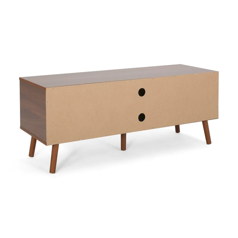 Meuble TV blanc et noyer de 120 cm (47,25 po) avec pieds évasés et 3 tiroirs décalés pour téléviseurs de 102 cm (40 po)