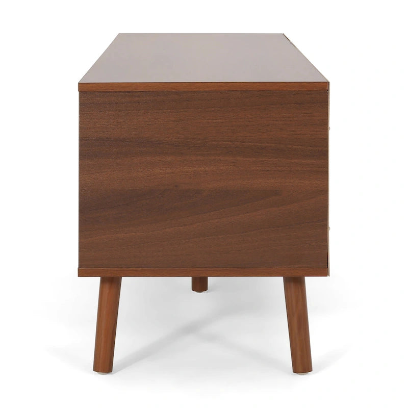 Meuble TV blanc et noyer de 120 cm (47,25 po) avec pieds évasés et 3 tiroirs décalés pour téléviseurs de 102 cm (40 po)