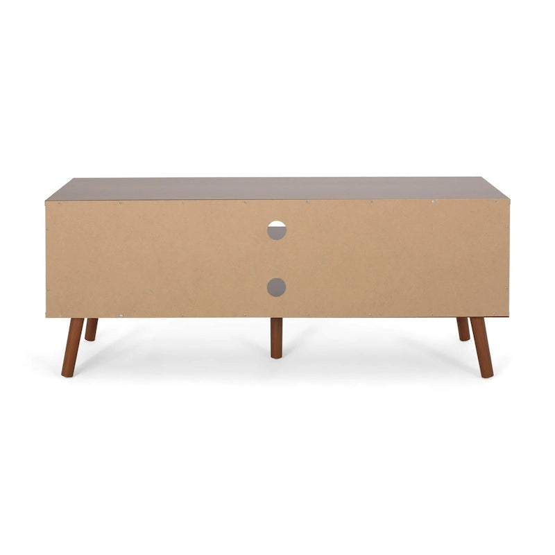 Meuble TV blanc et noyer de 120 cm (47,25 po) avec pieds évasés et 3 tiroirs décalés pour téléviseurs de 102 cm (40 po)