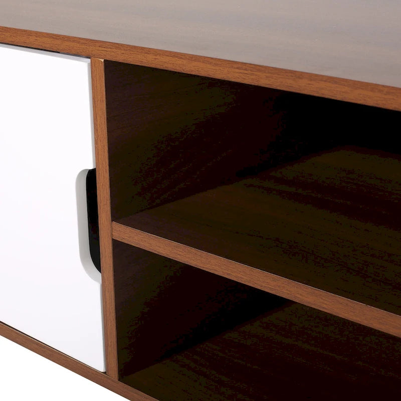 Meuble TV blanc et noyer de 120 cm (47,25 po) avec pieds évasés et 3 tiroirs décalés pour téléviseurs de 102 cm (40 po)