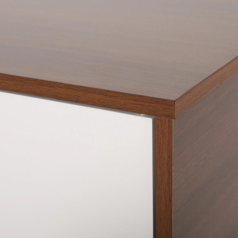 Meuble TV blanc et noyer de 120 cm (47,25 po) avec pieds évasés et 3 tiroirs décalés pour téléviseurs de 102 cm (40 po)