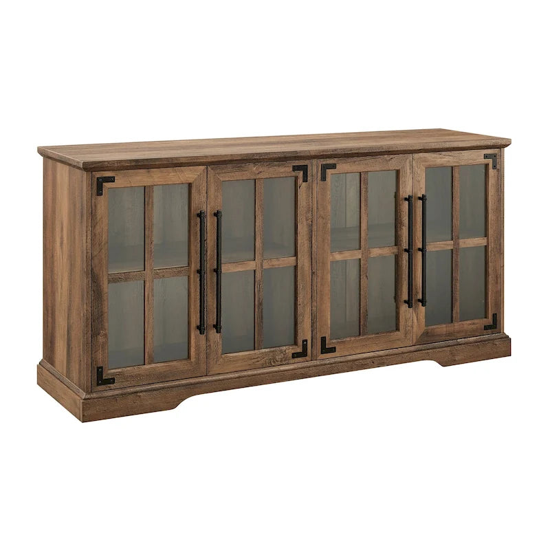 Meuble TV style ferme moderne avec portes vitrées à carreaux, pour téléviseurs jusqu'à 65 pouces - Chêne rustique