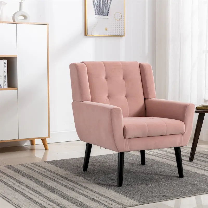 Fauteuil d'appoint moderne en velours rose capitonné de 75 cm avec pieds en bois