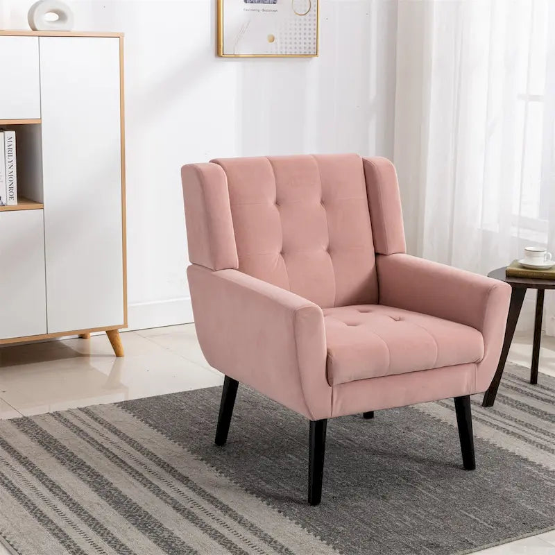 Fauteuil d'appoint moderne en velours rose capitonné de 75 cm avec pieds en bois