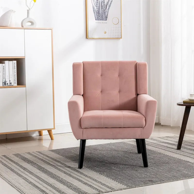Fauteuil d'appoint moderne en velours rose capitonné de 75 cm avec pieds en bois