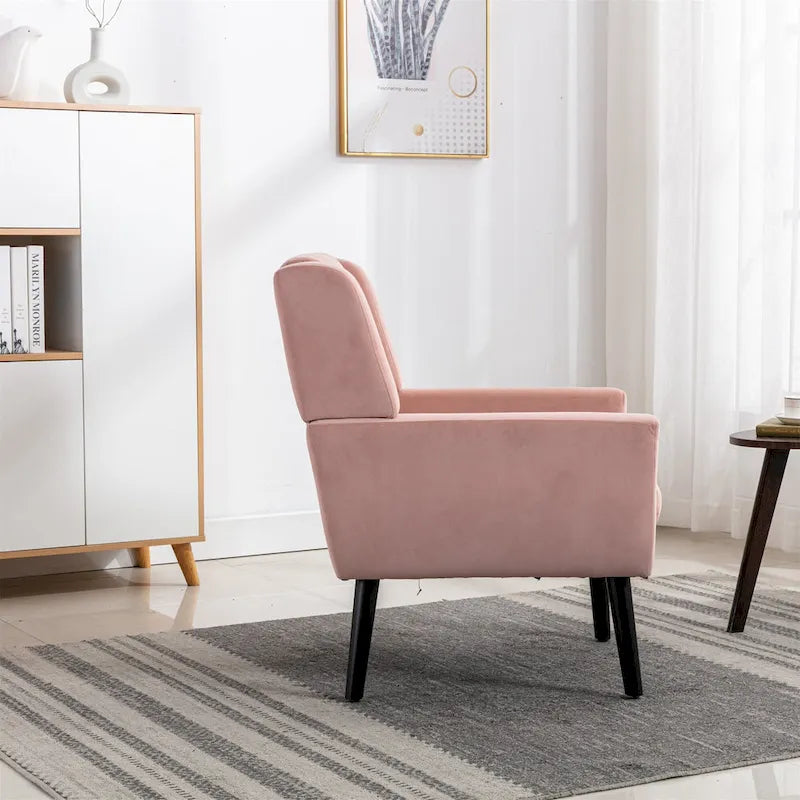 Fauteuil d'appoint moderne en velours rose capitonné de 75 cm avec pieds en bois