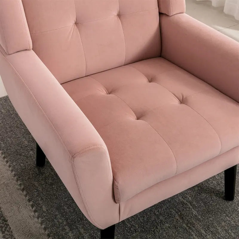 Fauteuil d'appoint moderne en velours rose capitonné de 75 cm avec pieds en bois