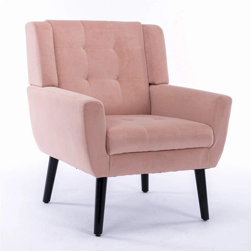 Fauteuil d'appoint moderne en velours rose capitonné de 75 cm avec pieds en bois