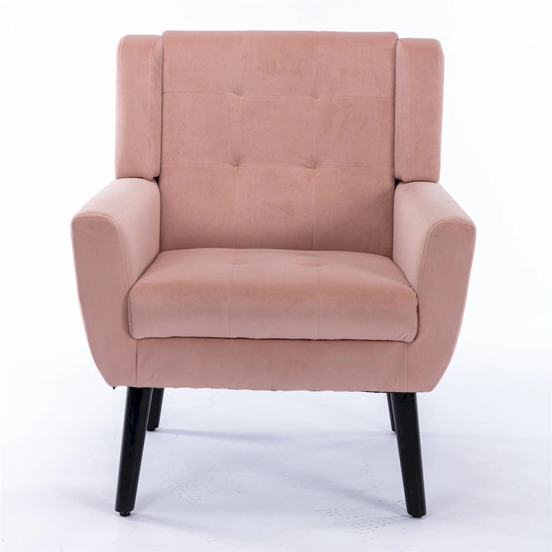 Fauteuil d'appoint moderne en velours rose capitonné de 75 cm avec pieds en bois