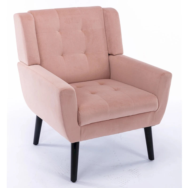 Fauteuil d'appoint moderne en velours rose capitonné de 75 cm avec pieds en bois
