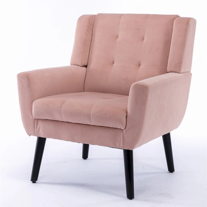 Fauteuil d'appoint moderne en velours rose capitonné de 75 cm avec pieds en bois
