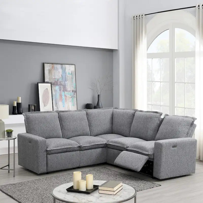 Canapé d'angle en L recouvert de lin avec 2 fauteuils inclinables électriques et port USB pour salon
