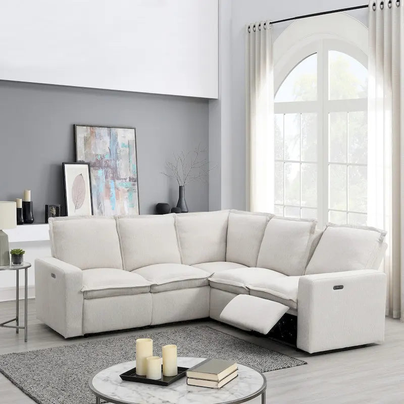 Canapé d'angle en L recouvert de lin avec 2 fauteuils inclinables électriques et port USB pour salon