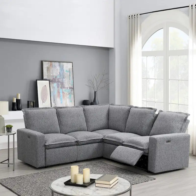 Linen Upholstered L-Shaped Sectional Sofa with 2 Power Recliner Chair and USB Port for Living Room