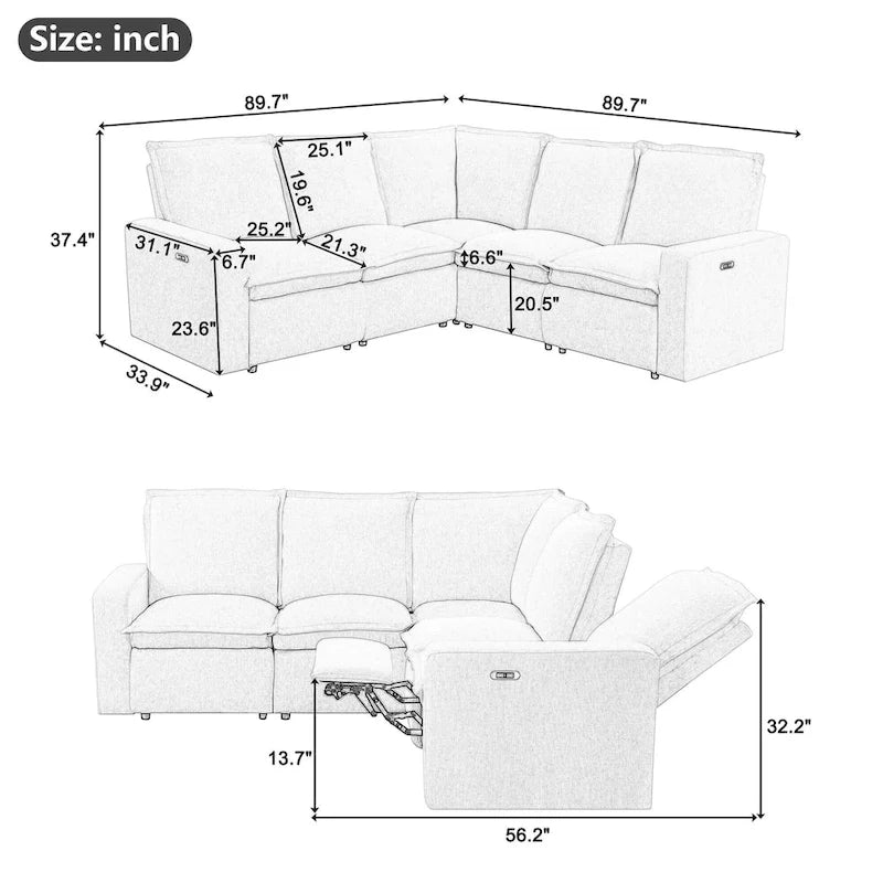 Canapé d'angle en L recouvert de lin avec 2 fauteuils inclinables électriques et port USB pour salon
