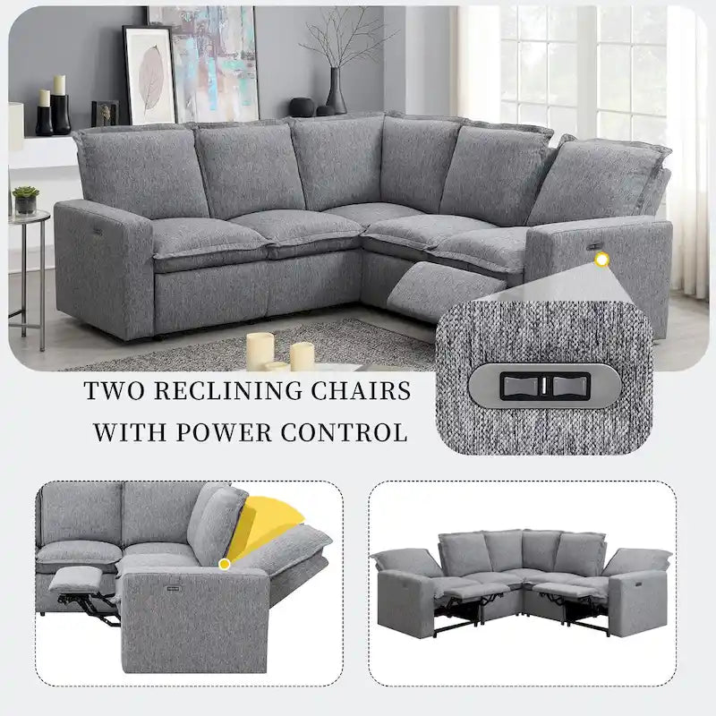 Canapé d'angle en L recouvert de lin avec 2 fauteuils inclinables électriques et port USB pour salon