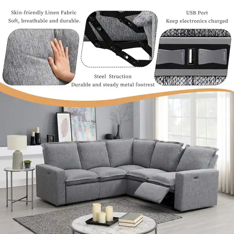 Canapé d'angle en L recouvert de lin avec 2 fauteuils inclinables électriques et port USB pour salon