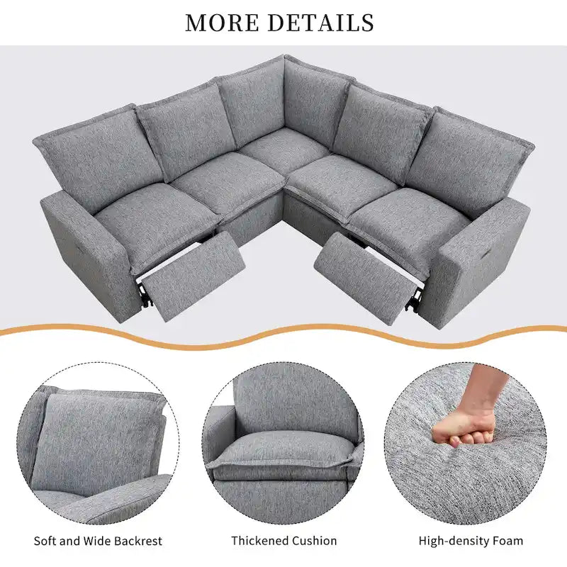 Canapé d'angle en L recouvert de lin avec 2 fauteuils inclinables électriques et port USB pour salon