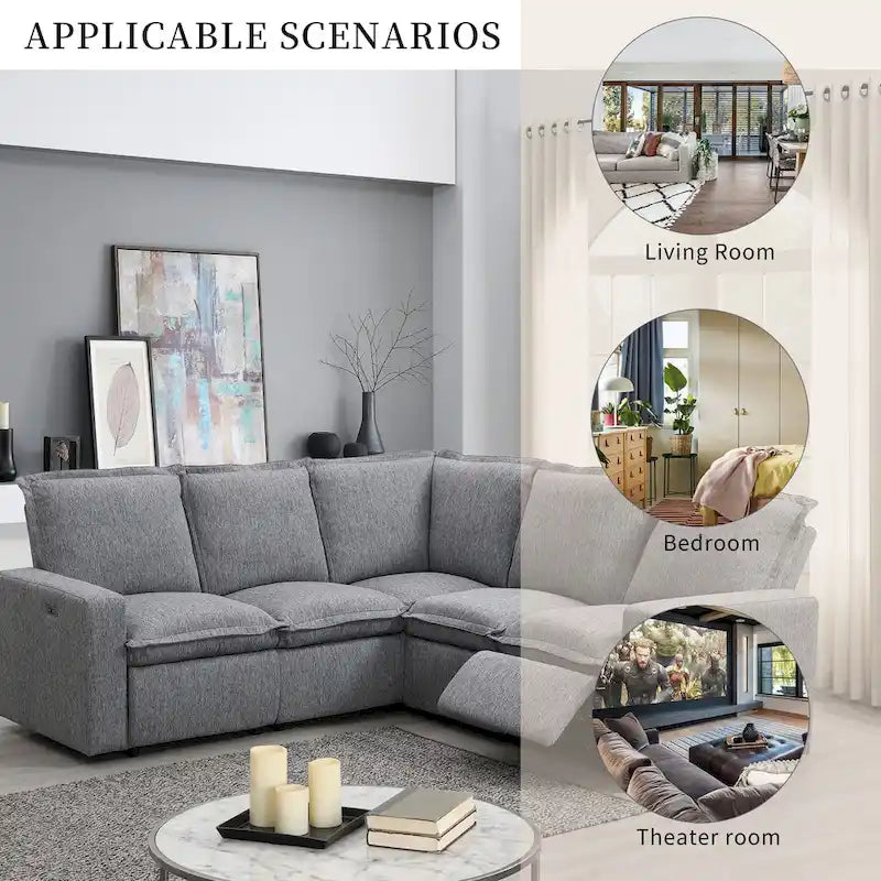 Canapé d'angle en L recouvert de lin avec 2 fauteuils inclinables électriques et port USB pour salon