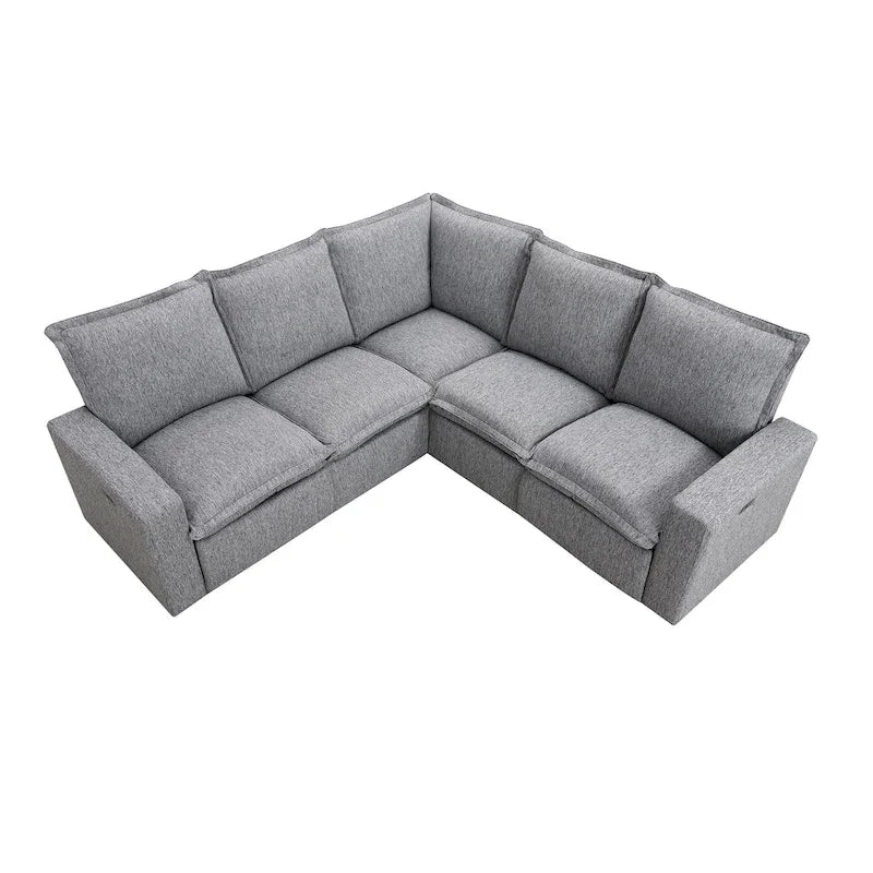 Canapé d'angle en L recouvert de lin avec 2 fauteuils inclinables électriques et port USB pour salon
