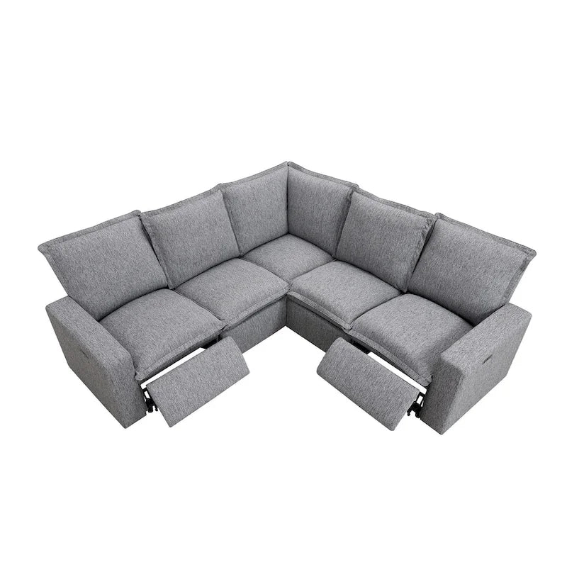 Canapé d'angle en L recouvert de lin avec 2 fauteuils inclinables électriques et port USB pour salon