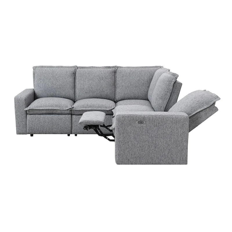 Canapé d'angle en L recouvert de lin avec 2 fauteuils inclinables électriques et port USB pour salon