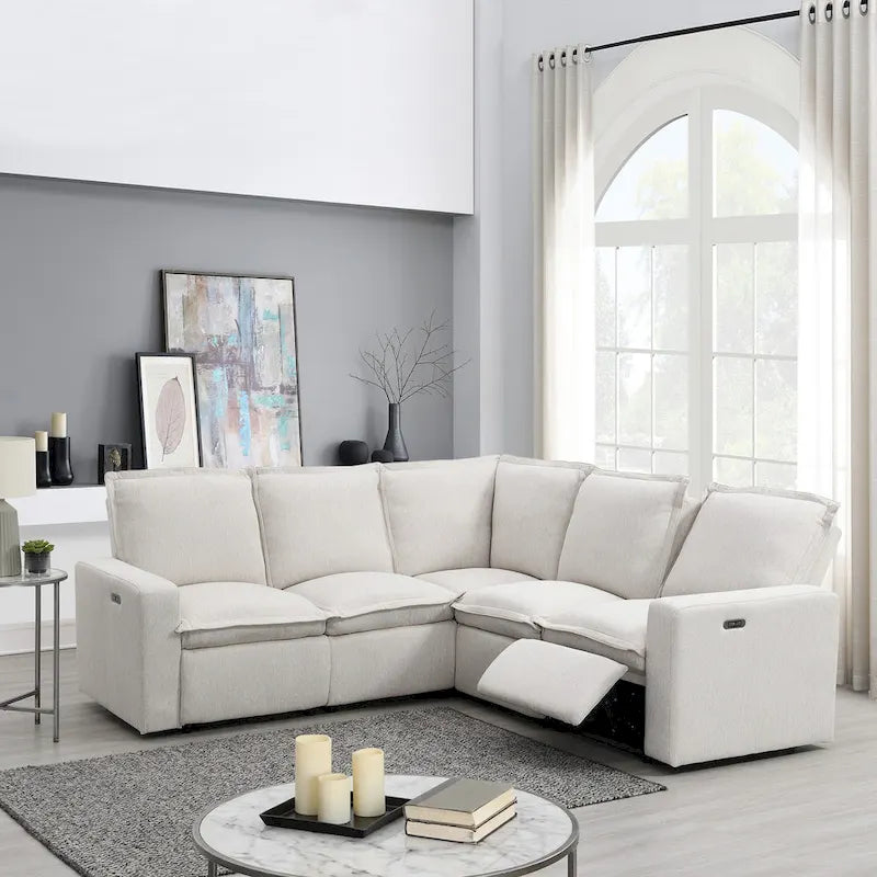Canapé d'angle en L recouvert de lin avec 2 fauteuils inclinables électriques et port USB pour salon
