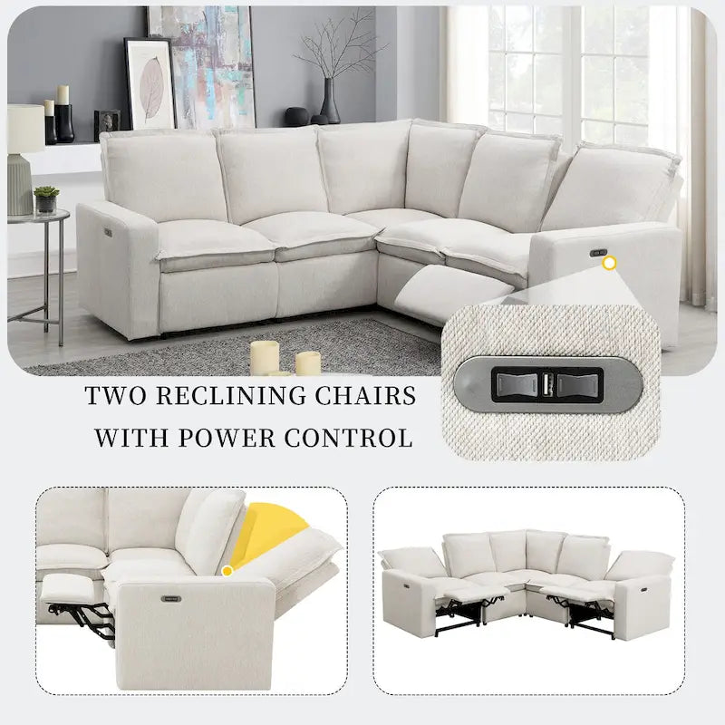 Canapé d'angle en L recouvert de lin avec 2 fauteuils inclinables électriques et port USB pour salon